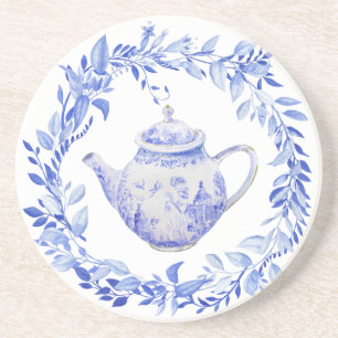 Blue and White Tea Pot with Wreath  Coaster