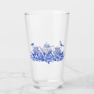 Blue and White Tea Set with Birds Glass