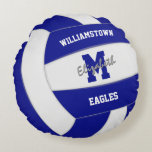 blue and white team colours kids volleyball round pillow<br><div class="desc">This sporty volleyball themed throw pillow features the image of a realistic looking blue and white volleyball upon which you can customize the player's name,  monogram or varsity letter,  team and mascot name on the front and jersey number on the back - by katz_d_zynes</div>