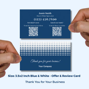 Blue and White - Thank You with Review Prompt Business Card