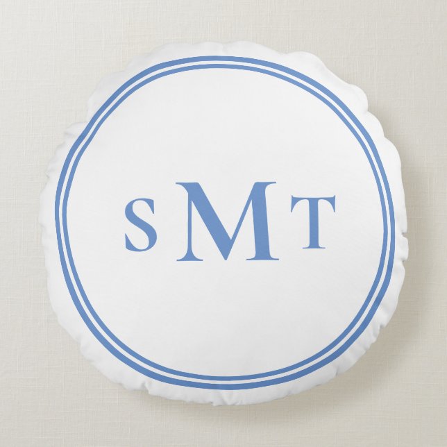 Blue and White Three Letter Monogram Round Pillow (Front)