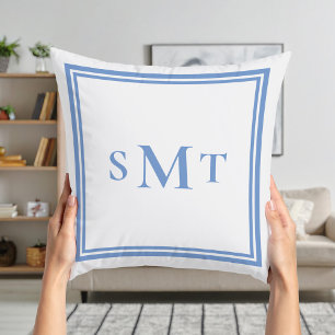 Blue and White Three Letter Monogram Throw Pillow