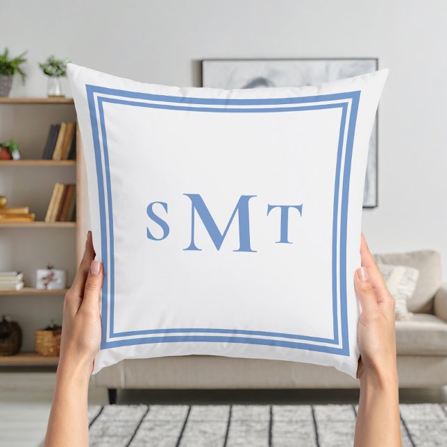 Blue and White Three Letter Monogram Throw Pillow (Creator Uploaded)