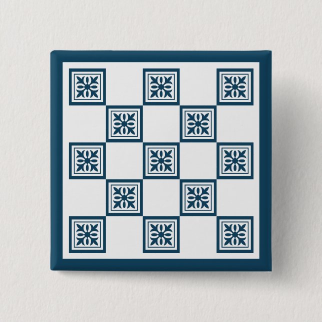 Blue and white tiles 2 inch square button (Front)