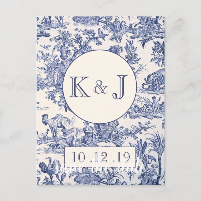 Blue and White Toile Announcement Postcard (Front)