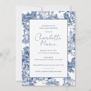 Blue and White Toile Baby Shower Invitation