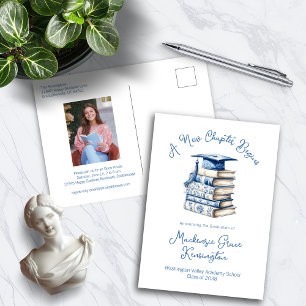 Blue and White Toile Books New Chapter Graduation Announcement Postcard