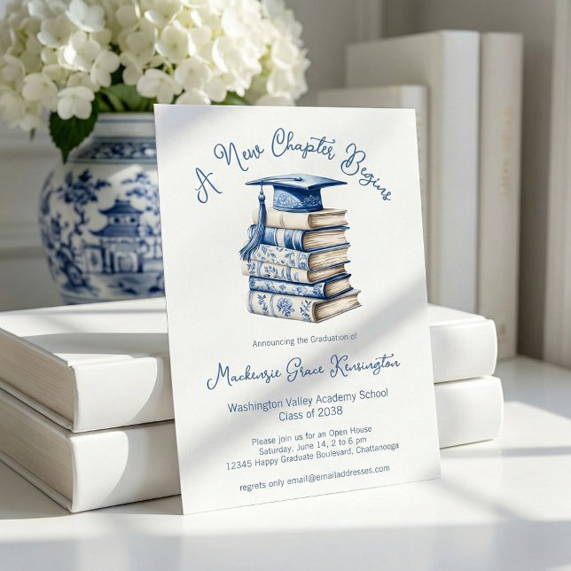 Blue and White Toile Books New Chapter Graduation Invitation (Creator Uploaded)