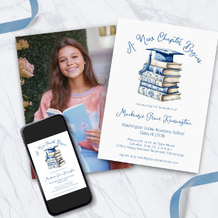 Blue and White Toile Books New Chapter Graduation Invitation