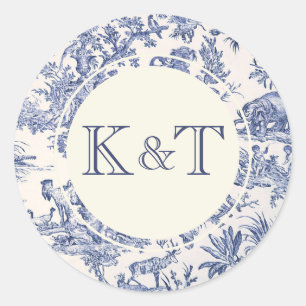 Blue and White Toile Classic Round Sticker