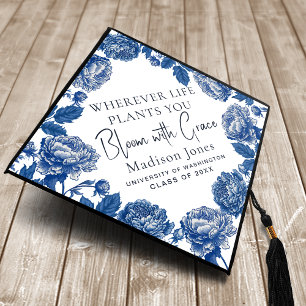 Blue and White Toile De Jouy Bloom with Grace Graduation Cap Topper