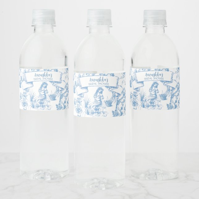 Blue and White Toile de Jouy Bridal Shower Water Bottle Label (Bottles)
