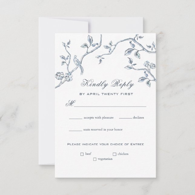 Blue and white Toile RSVP card (Front)