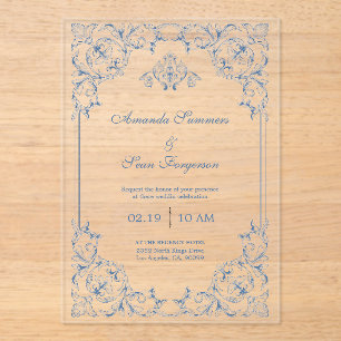 Blue and White Traditional Decorative Frame Acrylic Invitations