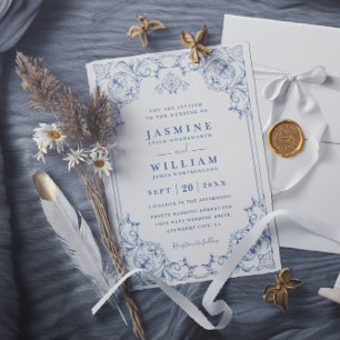 Blue and White Traditional Elegant QR Code Wedding Invitation