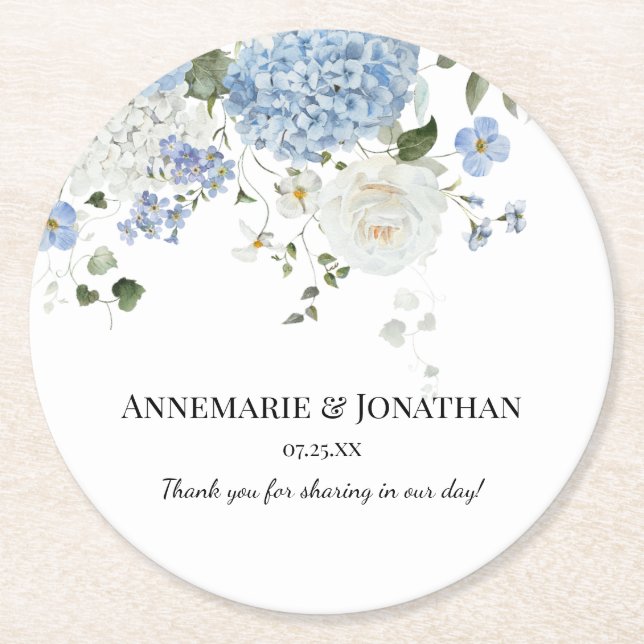 Blue and White Traditional Florals Round Paper Coaster (Front)
