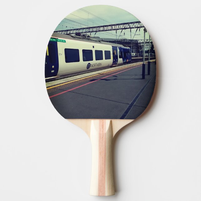 Blue and white train  ping pong paddle (Front)