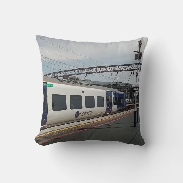 Blue and white train throw pillow (Front)