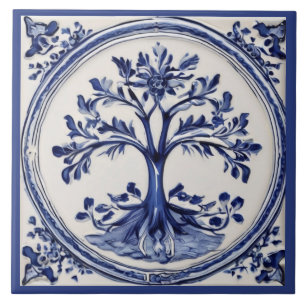 Blue and White Tree Rustic Nature Country Tile