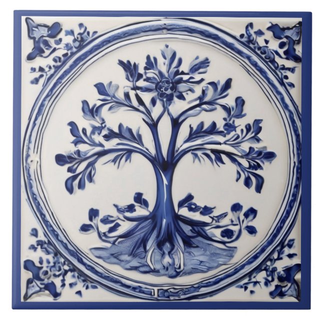 Blue and White Tree Rustic Nature Country Tile (Front)