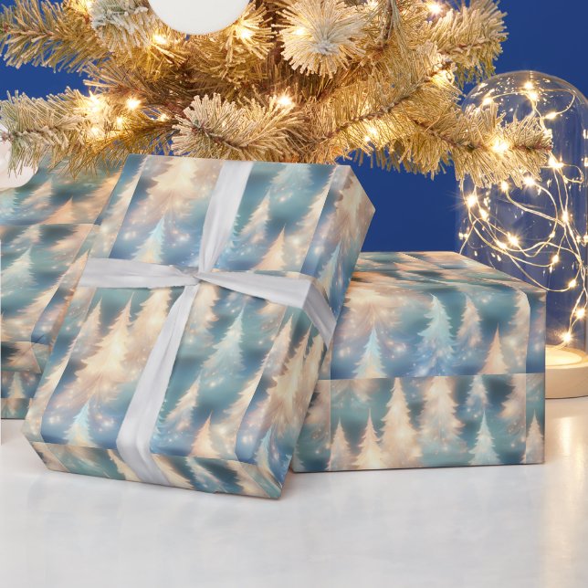 Blue and White Trees Modern Christmas Wrapping Paper (Holidays)