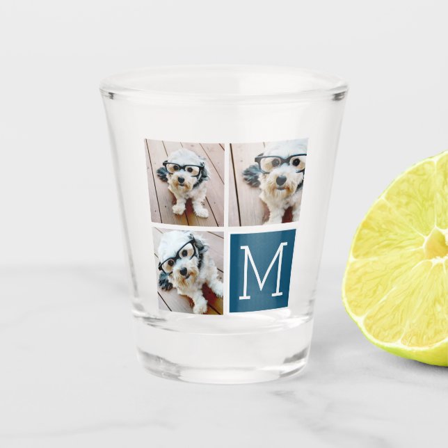 Blue and White Trendy Photo Collage with Monogram Shot Glass (Front)