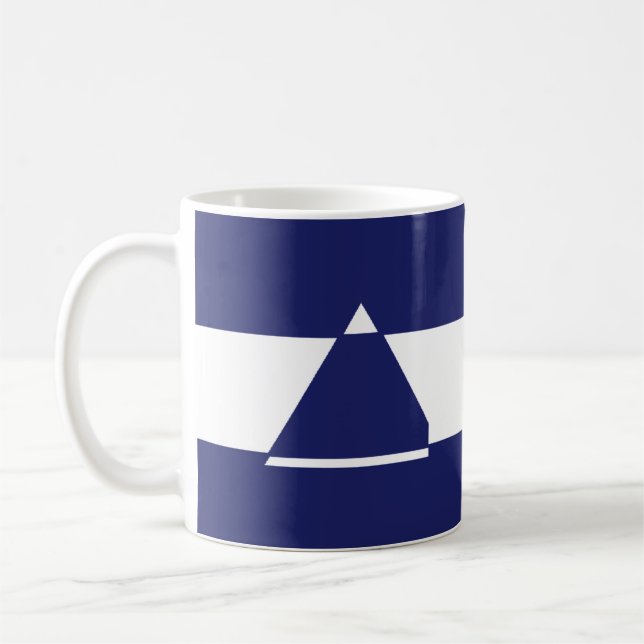 Blue and white triangle shaped coffee mug (Left)