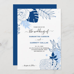 Blue And White Tropical Leaves Wedding Invitation
