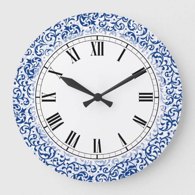 Blue and White Tudor Rose Damask Large Clock (Front)