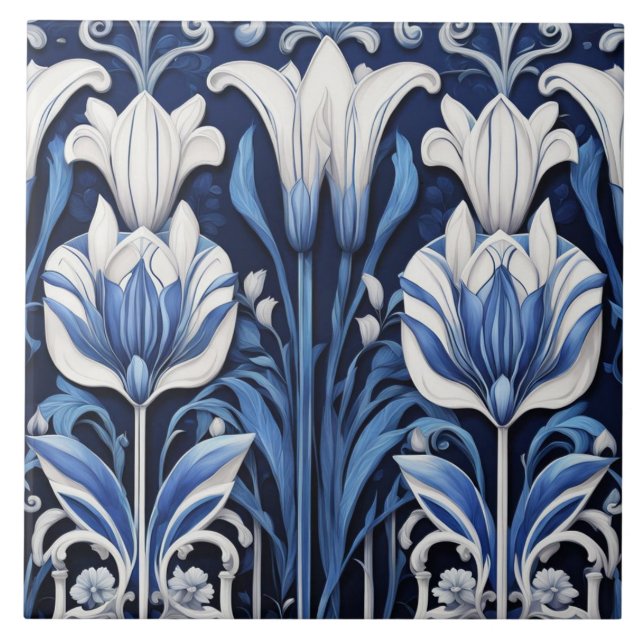 Blue and White Tulips Art Deco Art Nouveau Flowers Tile (Front)