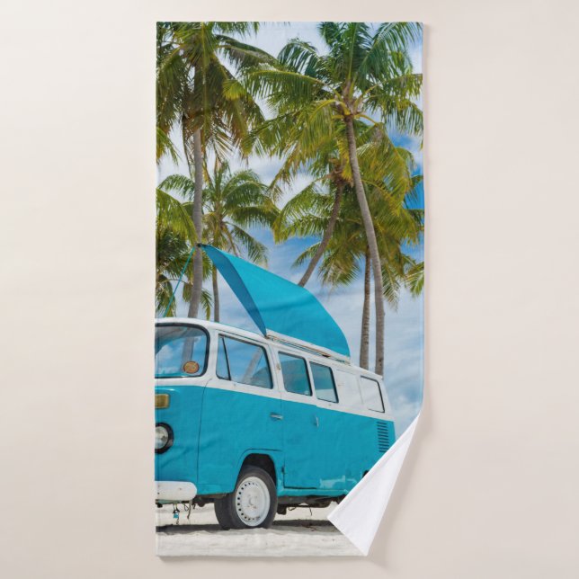 Blue and white van on beach bath towel (Bath Towel)