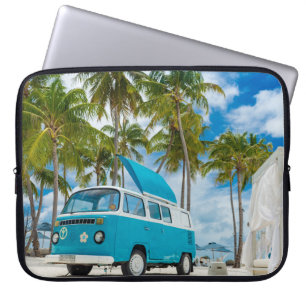 Blue and white van on beach laptop sleeve