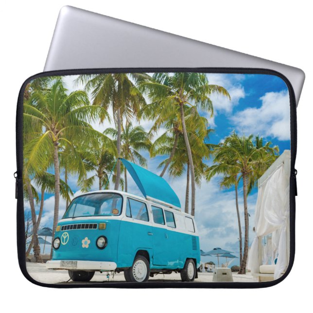 Blue and white van on beach laptop sleeve (Front)