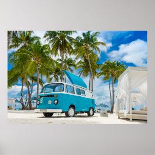 Blue and white van on beach poster