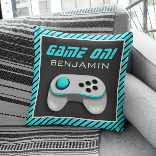 Blue and White Video Game Controller Kids Room Throw Pillow
