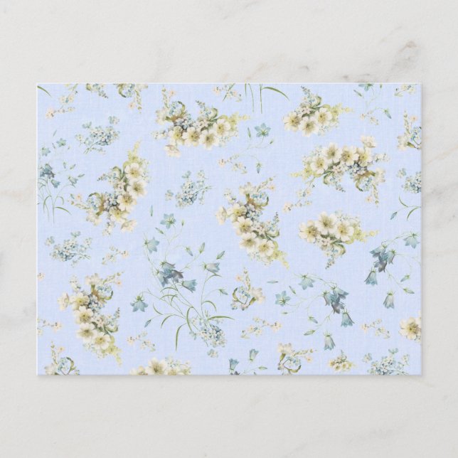 Blue and white vintage floral print postcard (Front)