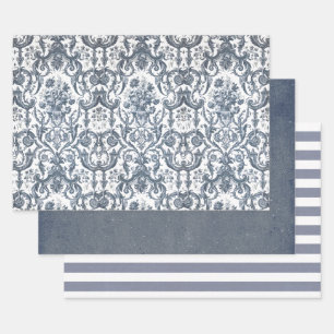 Blue and White Vintage Floral Stripes Solid Wrapping Paper Sheet