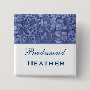 Blue and White Vintage Flowers Bridesmaid 2 Inch Square Button