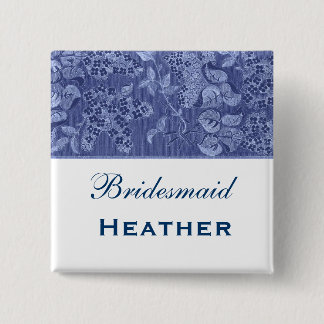 Blue and White Vintage Flowers Bridesmaid 2 Inch Square Button