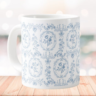 Blue and White Vintage Flowers Floral Pattern Large Coffee Mug