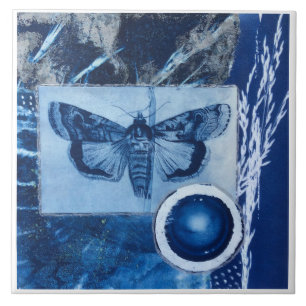 Blue and White Vintage Moth Cyanotype Tile