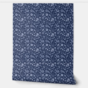Blue and White Vintage Paisley Print Pattern Wallpaper