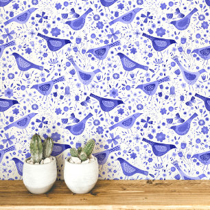 Blue and White Watercolor Birds and Flowers Wallpaper
