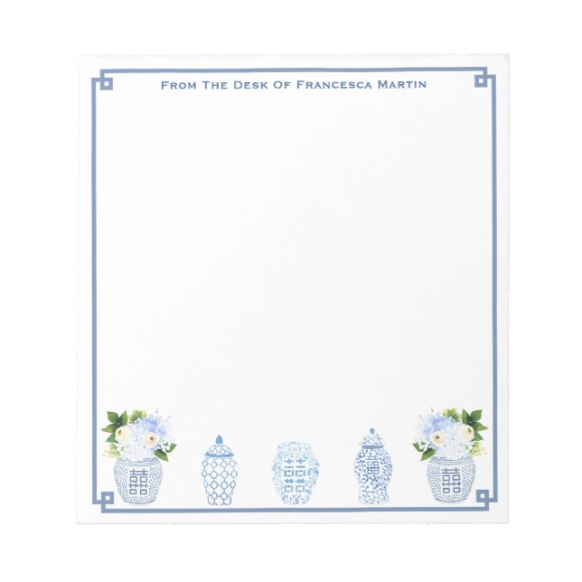 Blue And White Watercolor Chinoiserie Personalized Notepad (Front)