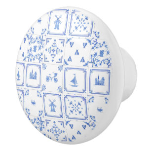 Blue and White Watercolor Delft Tile Pattern Ceramic Knob