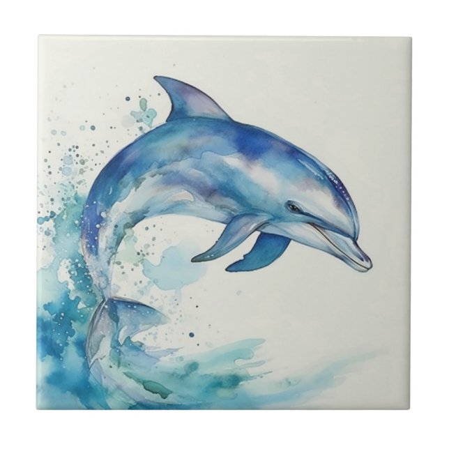 Blue and White Watercolor Dolphin Right  Tile (Front)