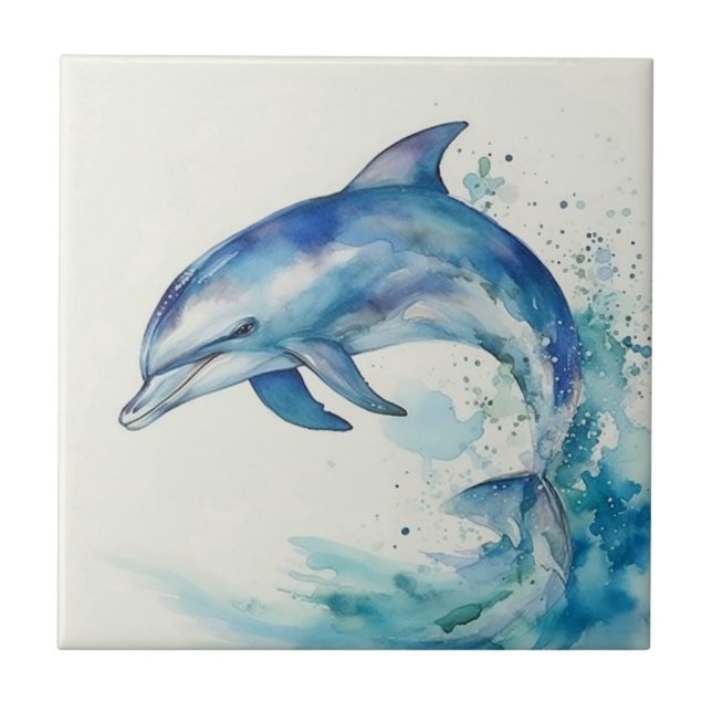 Blue and White Watercolor Dolphin Tile (Front)