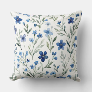 Blue and white Watercolor Floral Throw Pillow