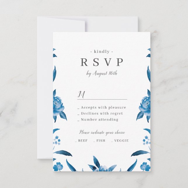 Blue and white watercolor floral wedding RSVP (Front)