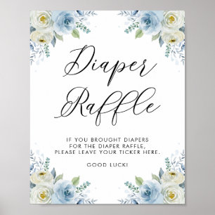 Blue and White Watercolor Flowers Diaper Raffle Poster